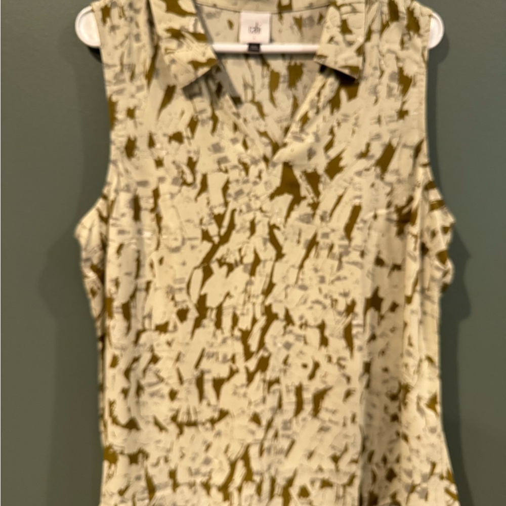 CAbi Abstract Olive and Cream Blouse